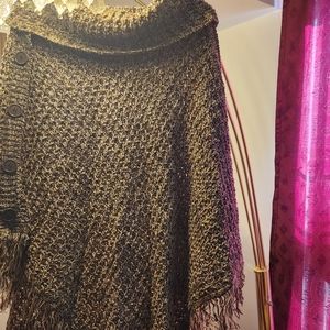 Women's Cardigan Knit Poncho One Size Checkered Tan Drak Brown